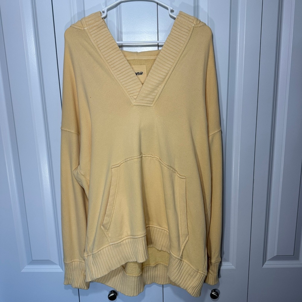 Aerie Hoodie Womens Medium Butter Yellow V-Neck Oversized Rib Trim French Terry